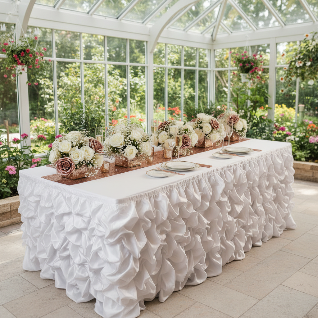 21ft Gathered Lamour Satin Table Skirt - White for baby shower with glitz sequin runner and flower centerpieces