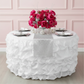 21ft Gathered Lamour Satin Table Skirt - White with glitz sequin runner | flower centerpieces | silver charger plate | white napkin