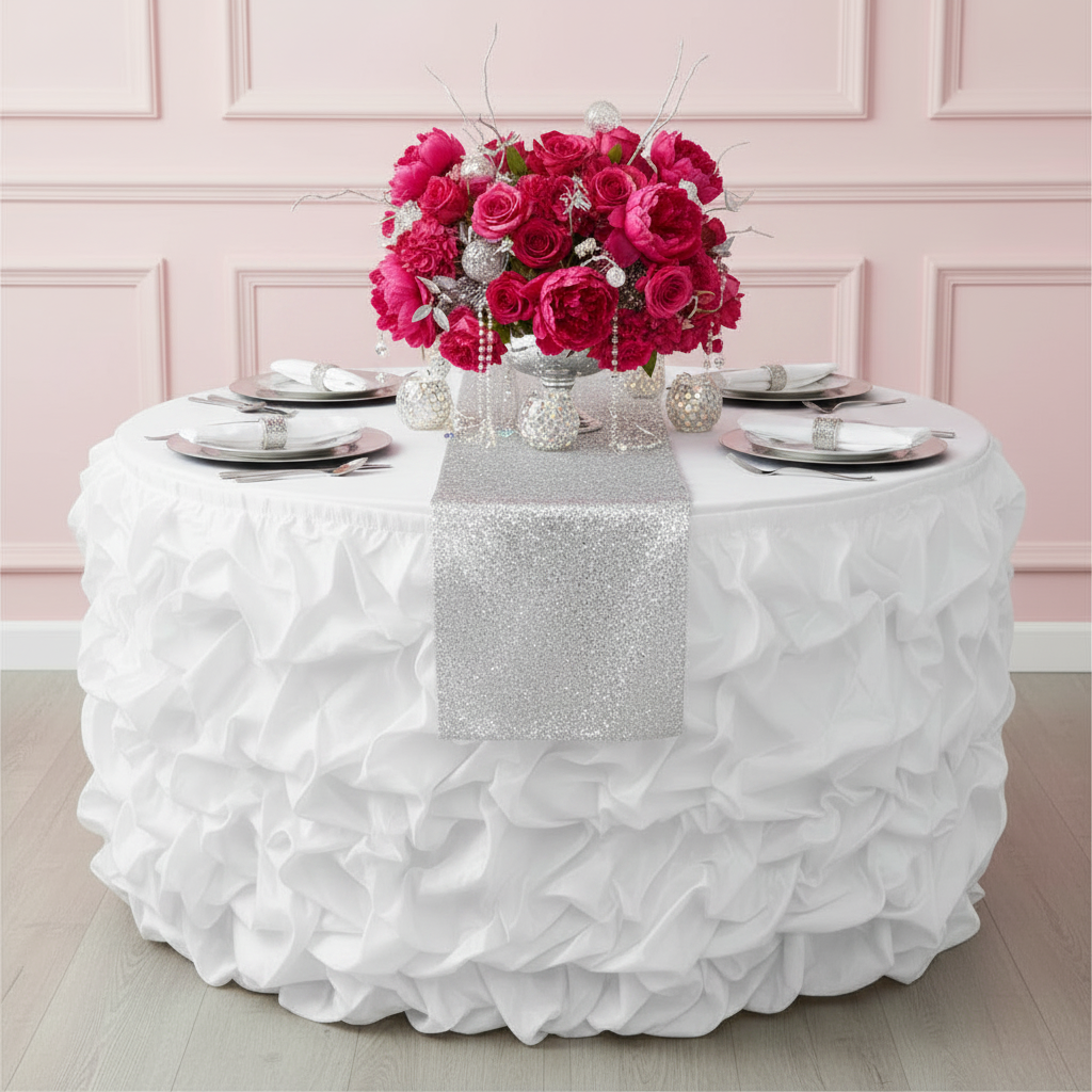 21ft Gathered Lamour Satin Table Skirt - White with glitz sequin runner | flower centerpieces | silver charger plate | white napkin