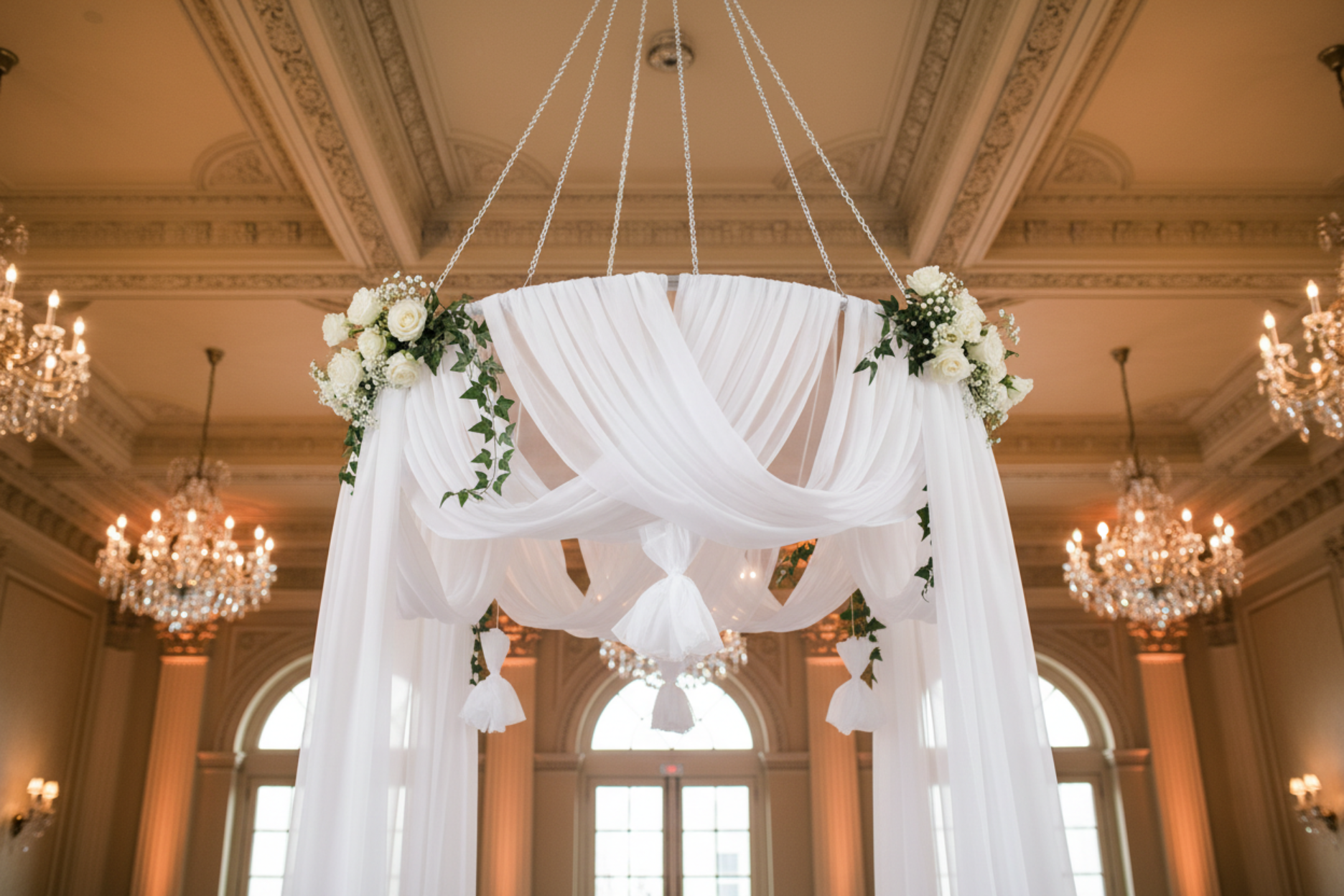 wedding reception with 24" Hoop Ring Hardware Kit for Ceiling Draping