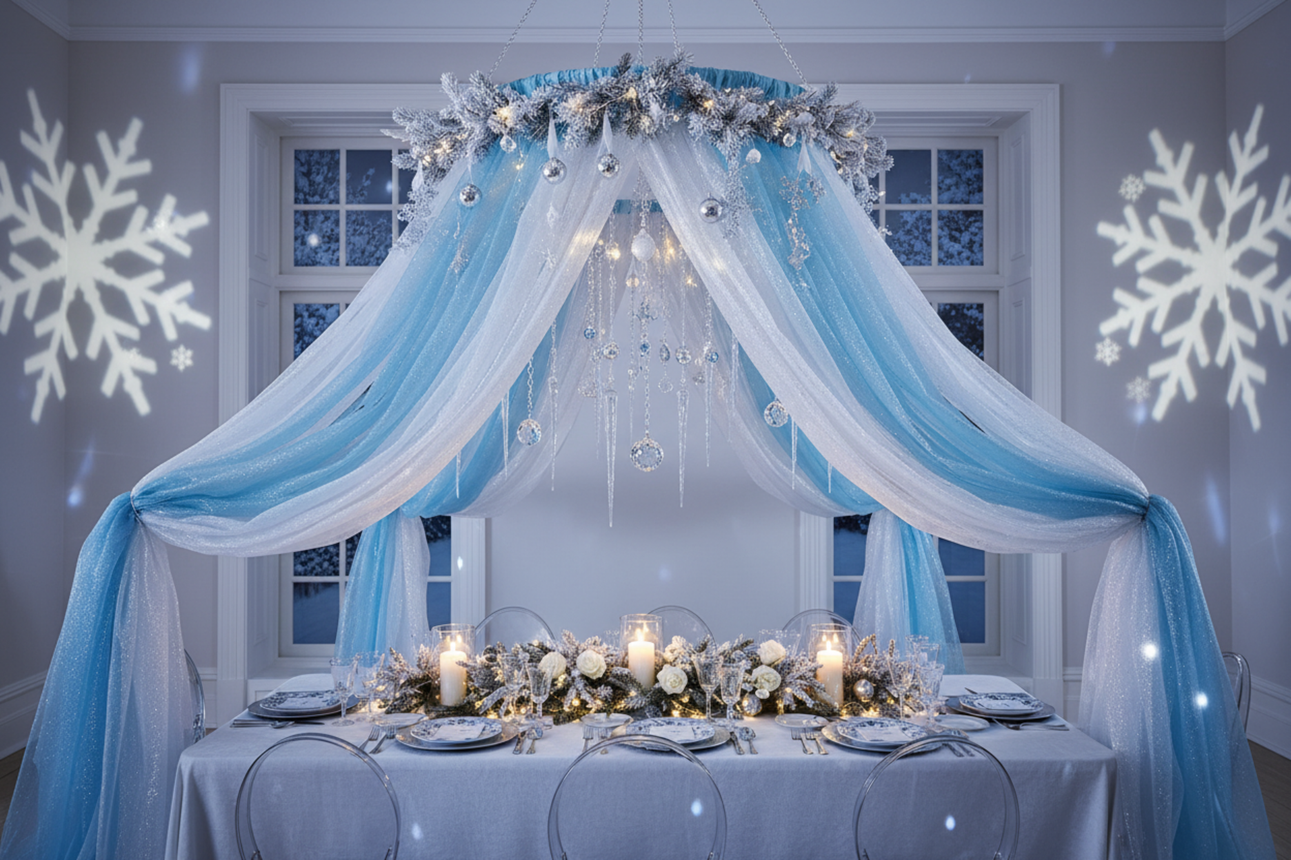 winter gala dinner with 24" Hoop Ring Hardware Kit for Ceiling Draping