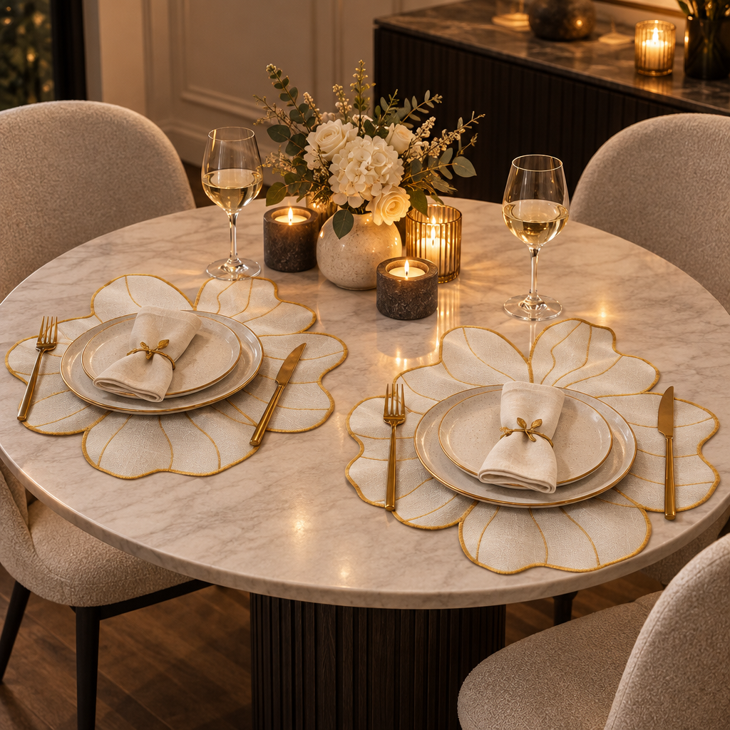 2 pc/set Flower Linen Embroidery Placemat Ivory/Gold Trim at an anniversary dinner