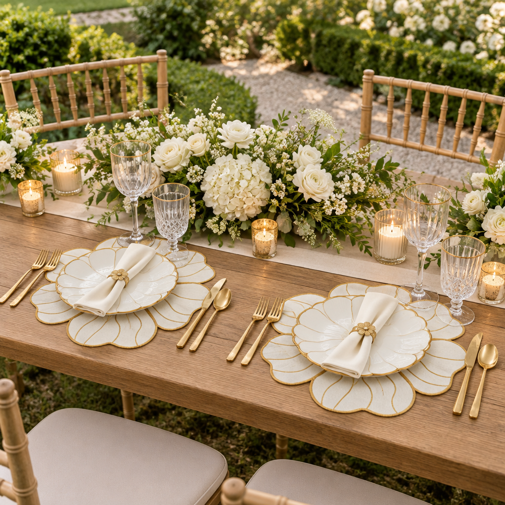 2 pc/set Flower Linen Embroidery Placemat Ivory/Gold Trim at a garden wedding