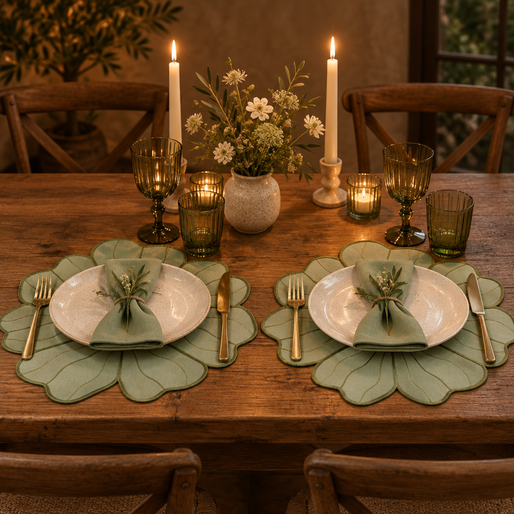 2pc/set Flower Linen Embroidery Placemat Sage Green/Olive Green Trim