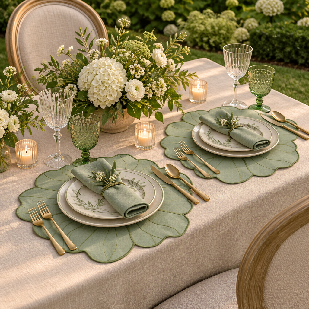 2pc/set Flower Linen Embroidery Placemat Sage Green/Olive Green Trim