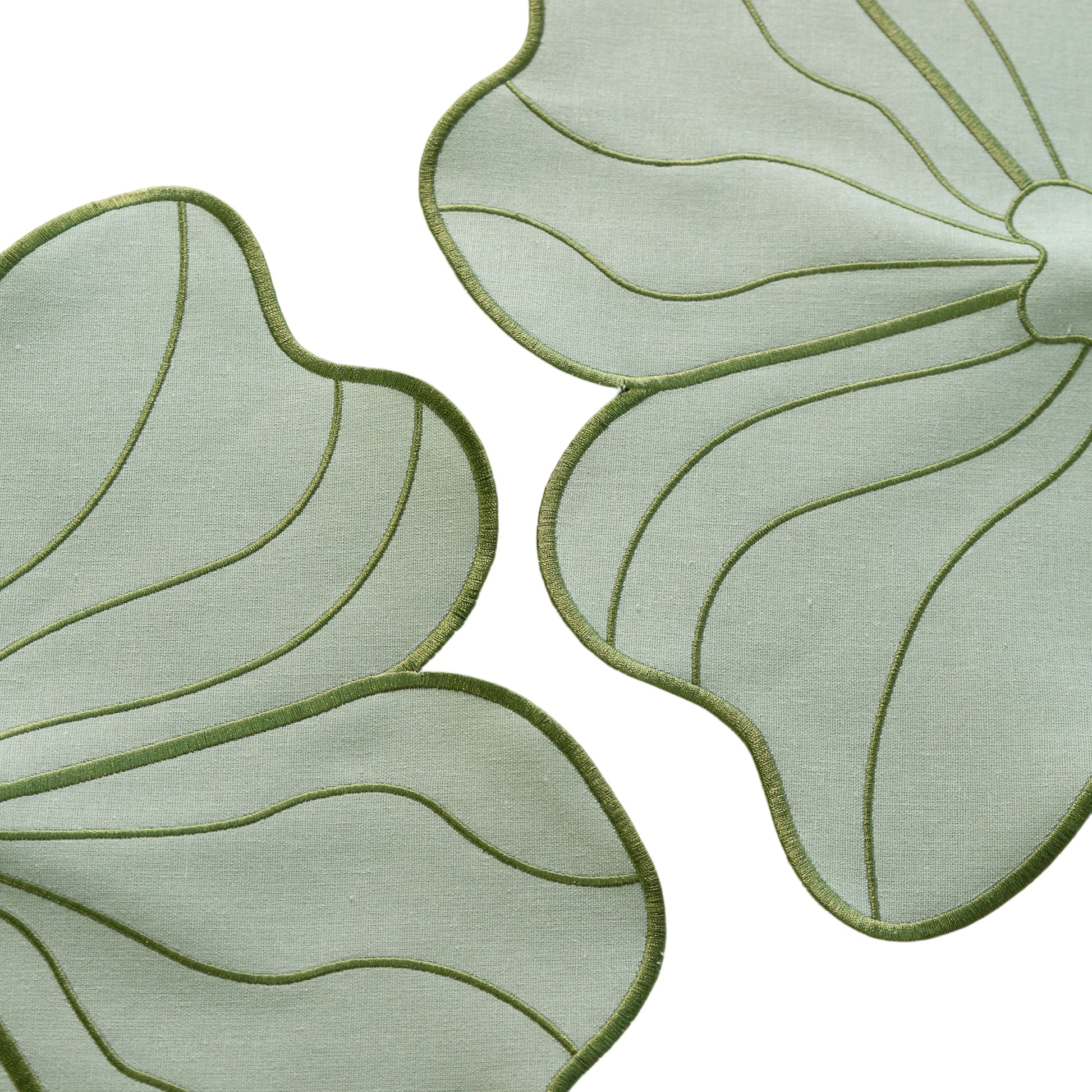 2pc/set Flower Linen Embroidery Placemat Sage Green/Olive Green Trim stitching close up