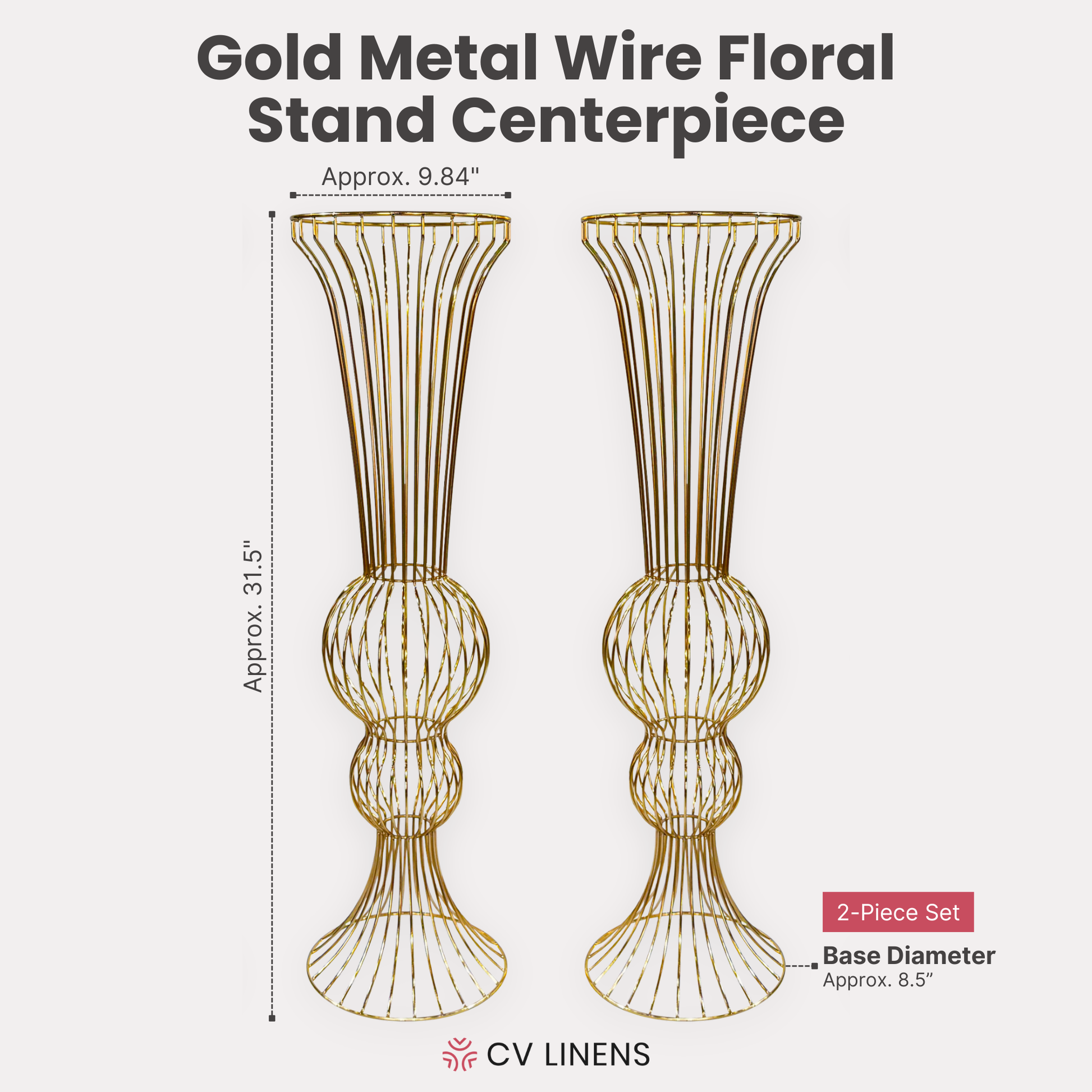 2pcs/set Metal Wire Floral Stand Centerpiece Gold infographic showing product details