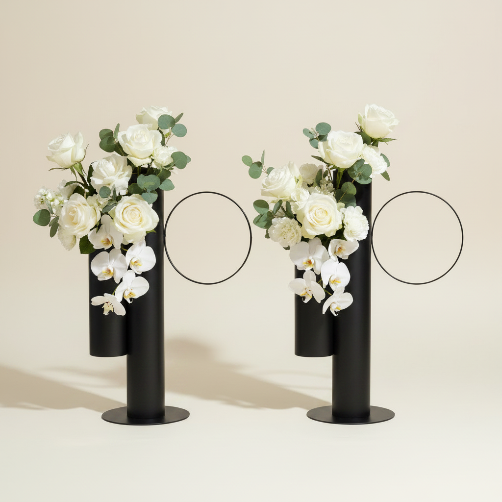 2pc/set Modern Double Tube Floral Centerpiece Stand Black with florals