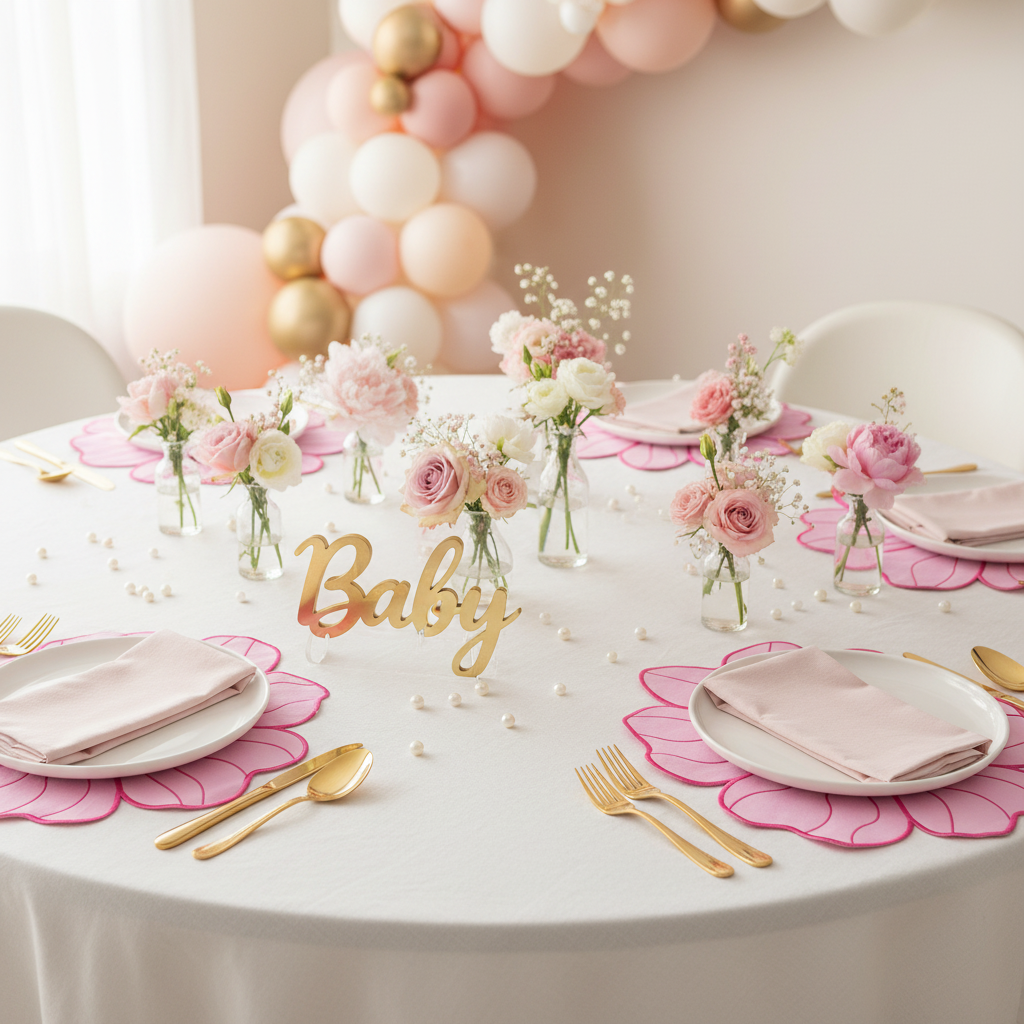 2pc/set Flower Linen Embroidery Placemat Pink/Fuchsia Trim - Baby Shower Table Setup