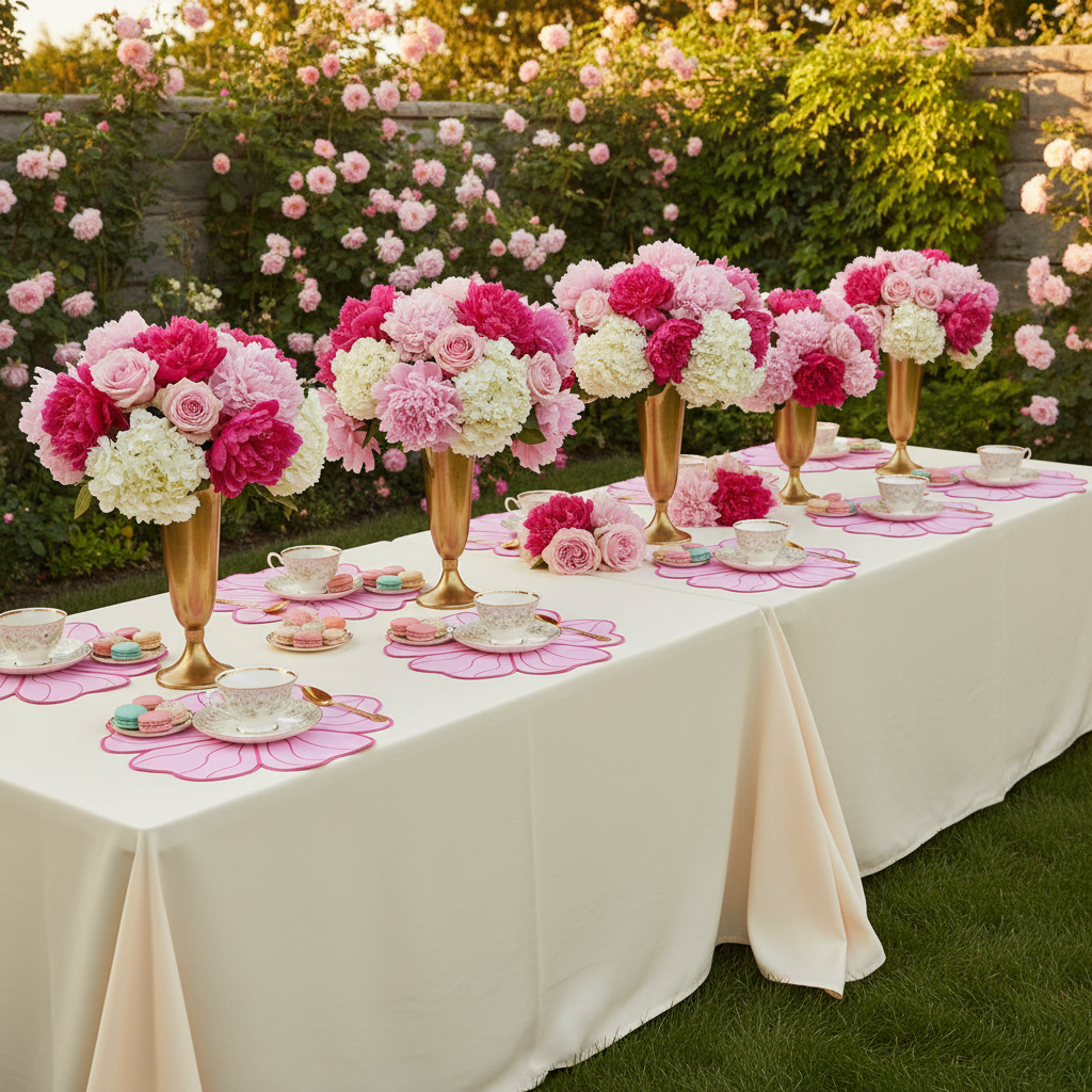 2pc/set Flower Linen Embroidery Placemat Pink/Fuchsia Trim- Garden Tea Party Banquet Table