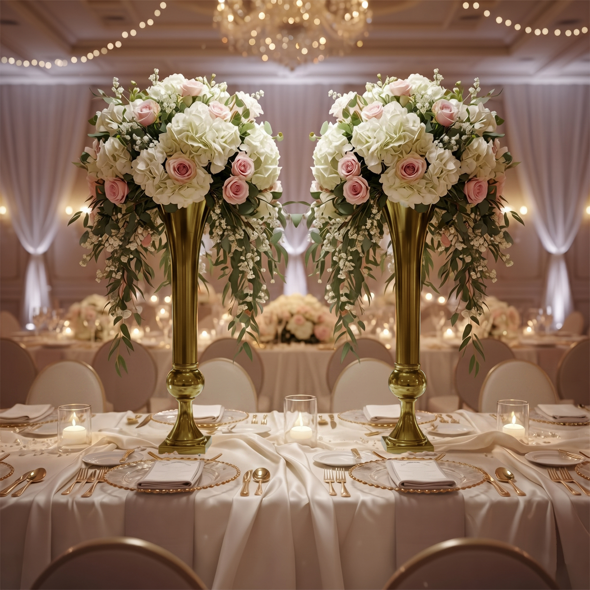 Set of 2 Metal Trumpet Centerpiece Vases Gold - Reception Table Decor

