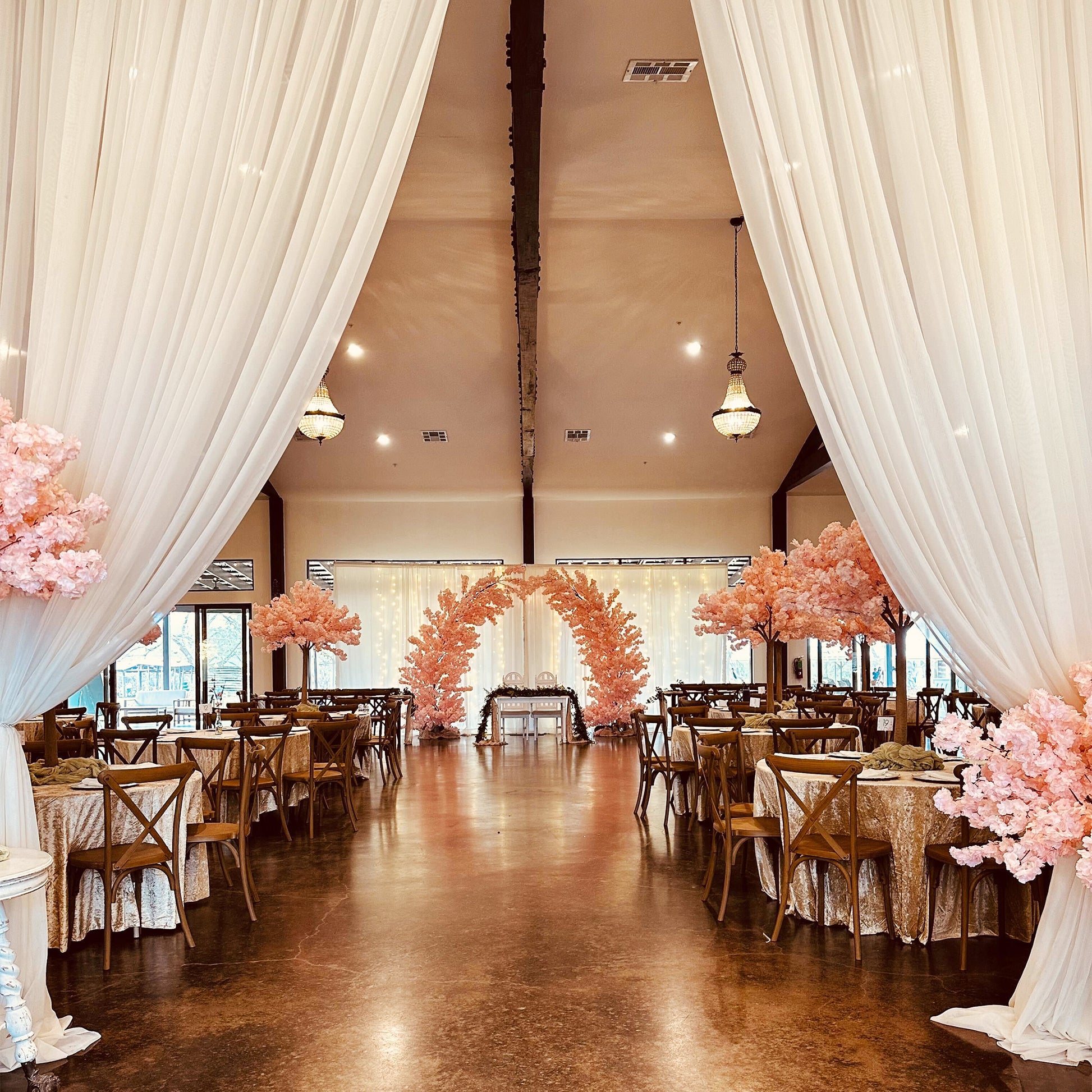 intimate wedding reception with 2 pcs 9.5ft Blush Cherry Blossom Wedding Arch Backdrop