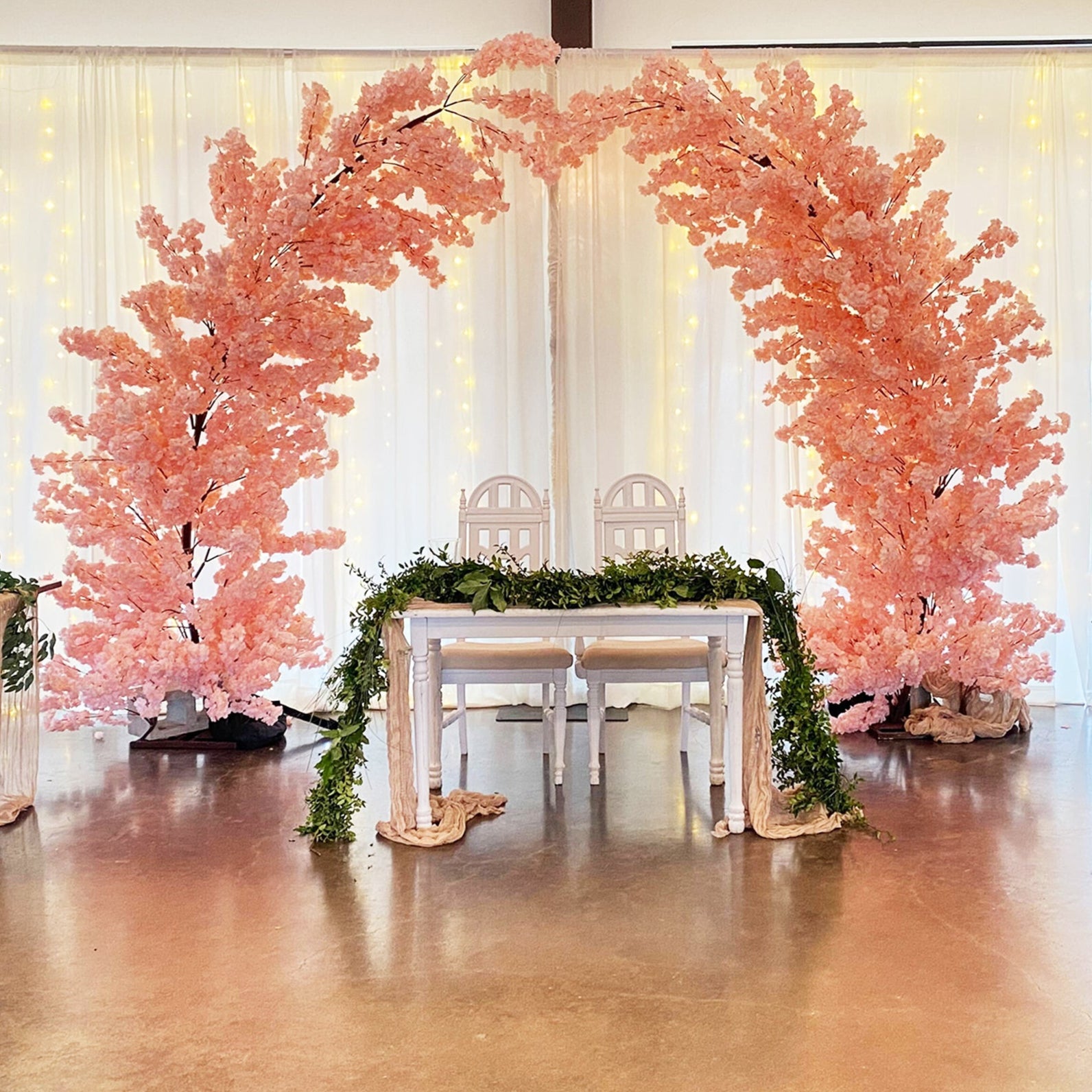 sweetheart table with 2 pcs 9.5ft Blush Cherry Blossom Wedding Arch Backdrop
