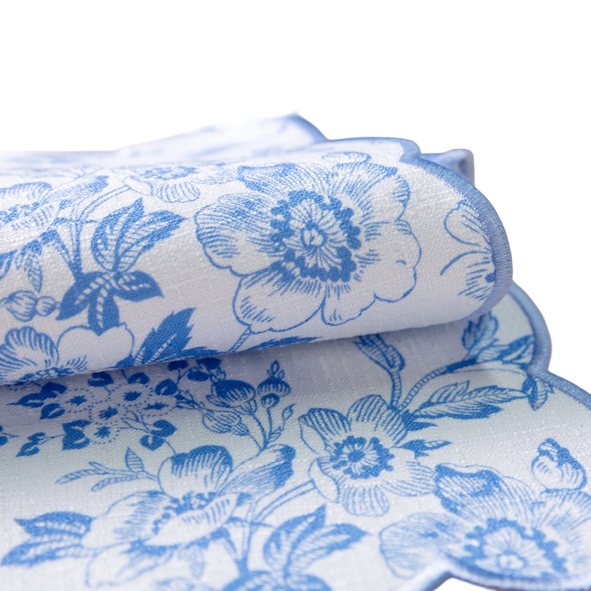 2 pcs/pk French Toile Scalloped Edge Placemats Baby Blue close up of material

