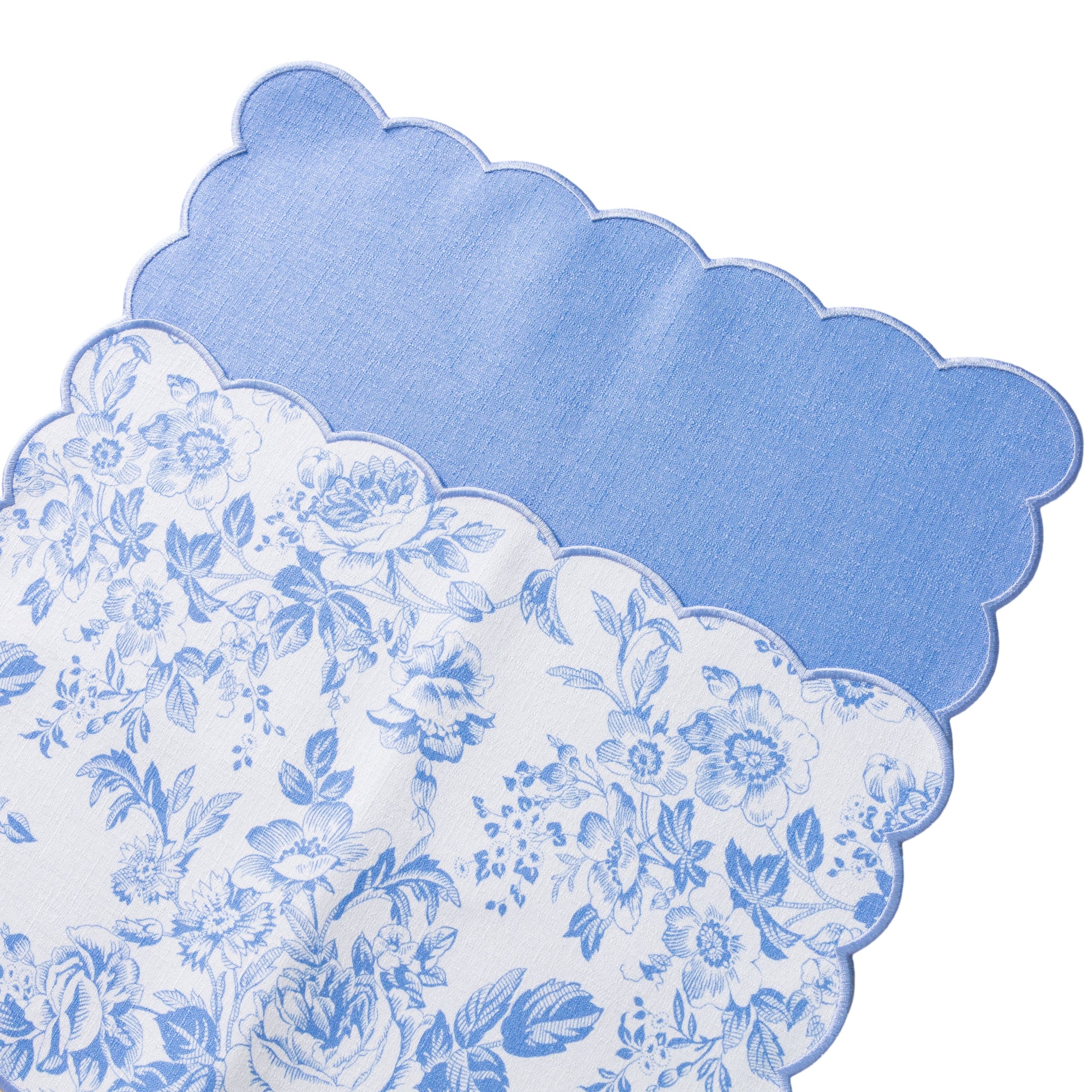 2 pcs/pk French Toile Scalloped Edge Placemats Baby Blue showing top and underside
