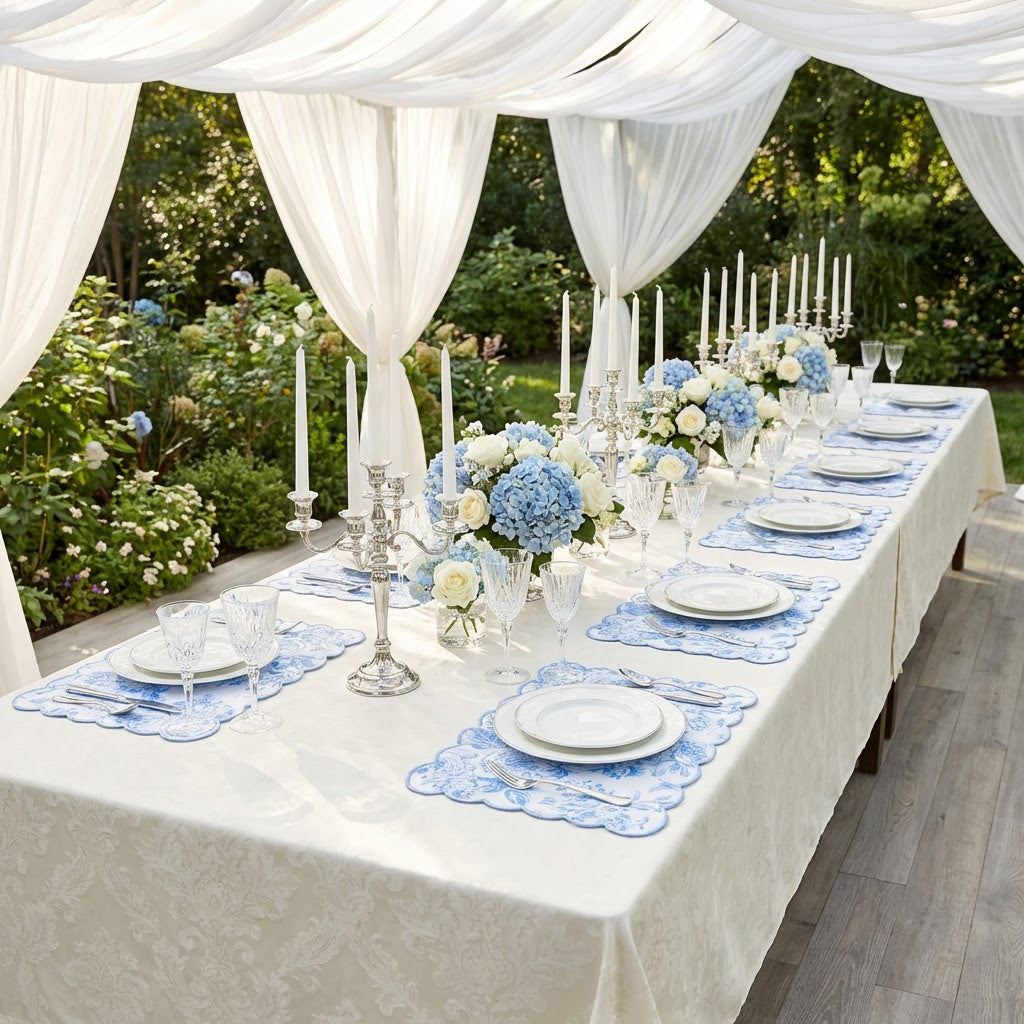 2 pcs/pk French Toile Scalloped Edge Placemats Baby Blue on a rectangular table outdoors