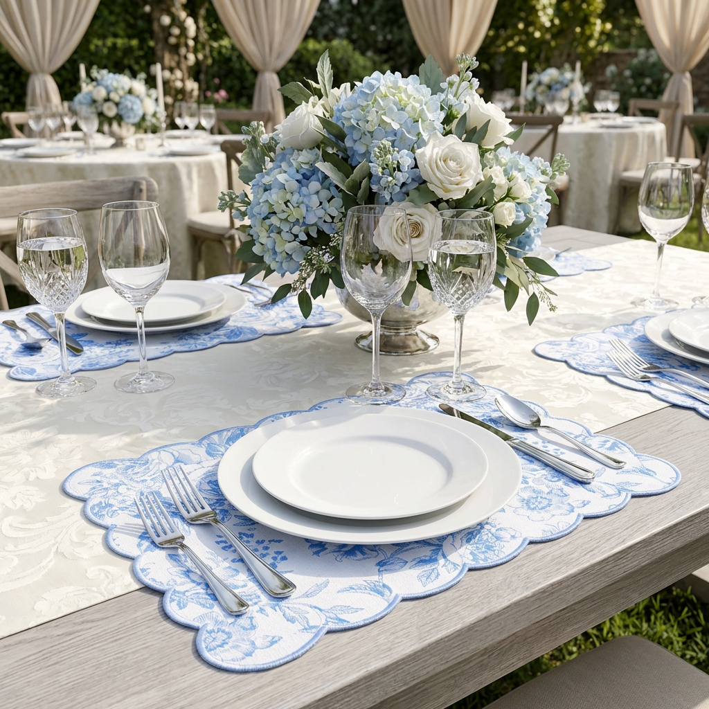 2 pcs/set French Toile Scalloped Edge Placemats Baby Blue paired with white dinner plates and blue/white floral centerpieces
