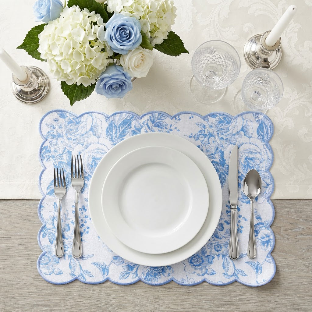 2 pcs/set French Toile Scalloped Edge Placemats Baby Blue birds eye view
