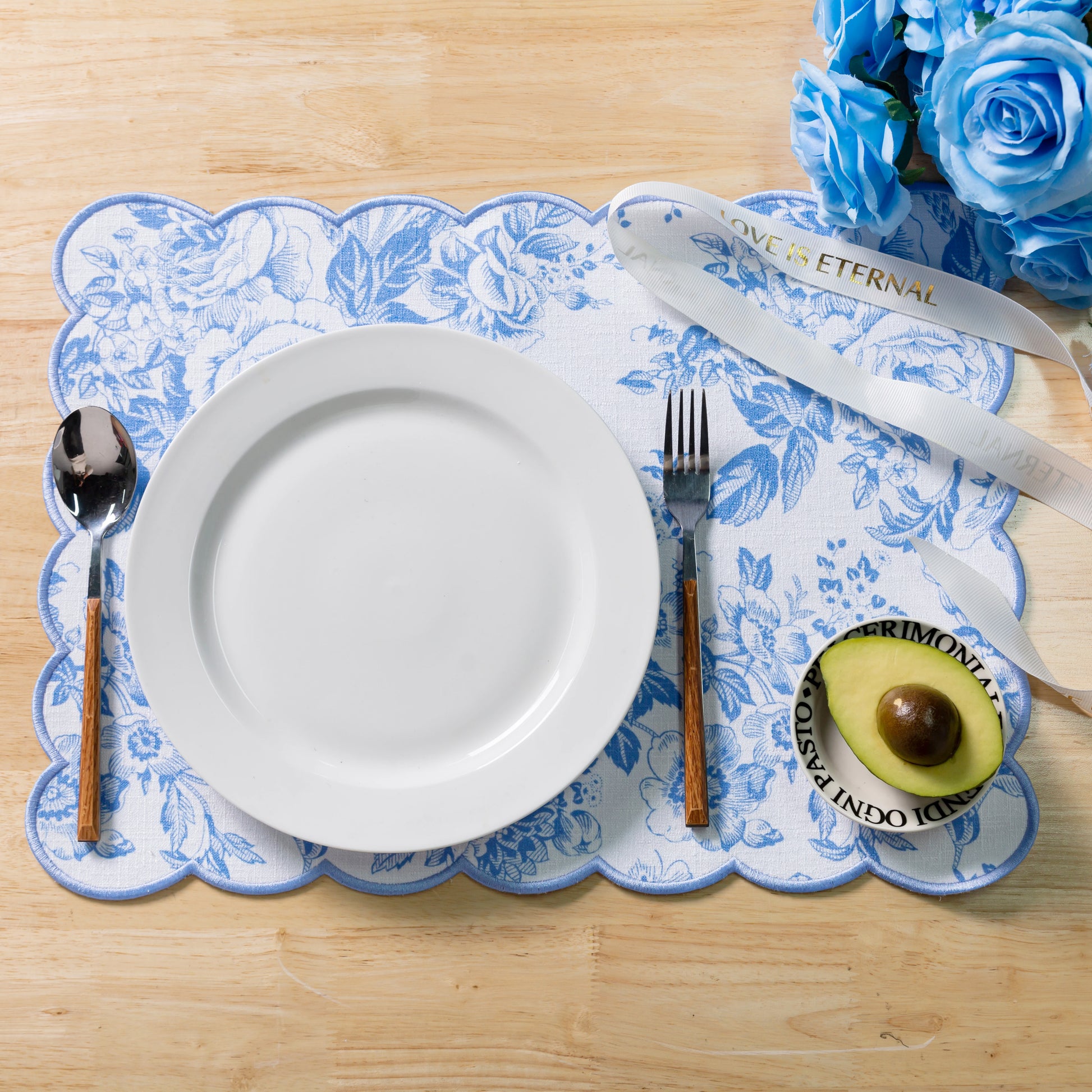 2 pcs/pk French Toile Scalloped Edge Placemats Baby Blue mockup