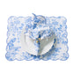 2 pcs/pk French Toile Scalloped Edge Placemats Baby Blue paired with a white dinner plate and French Toile Scalloped Edge Baby Blue Napkin 