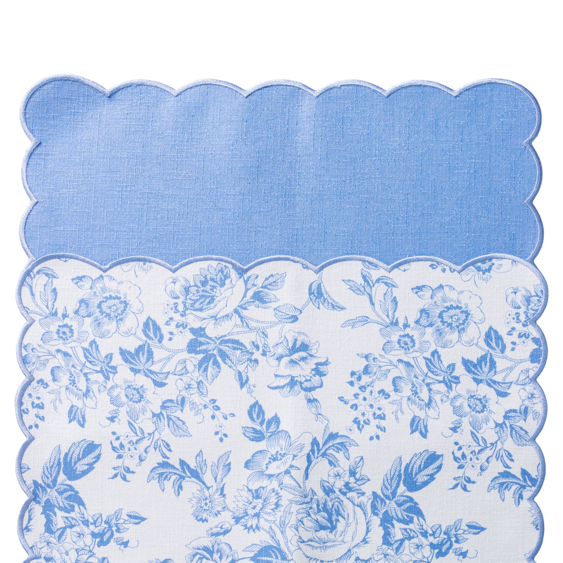 2 pcs/pk French Toile Scalloped Edge Placemats Baby Blue showing top and underside
