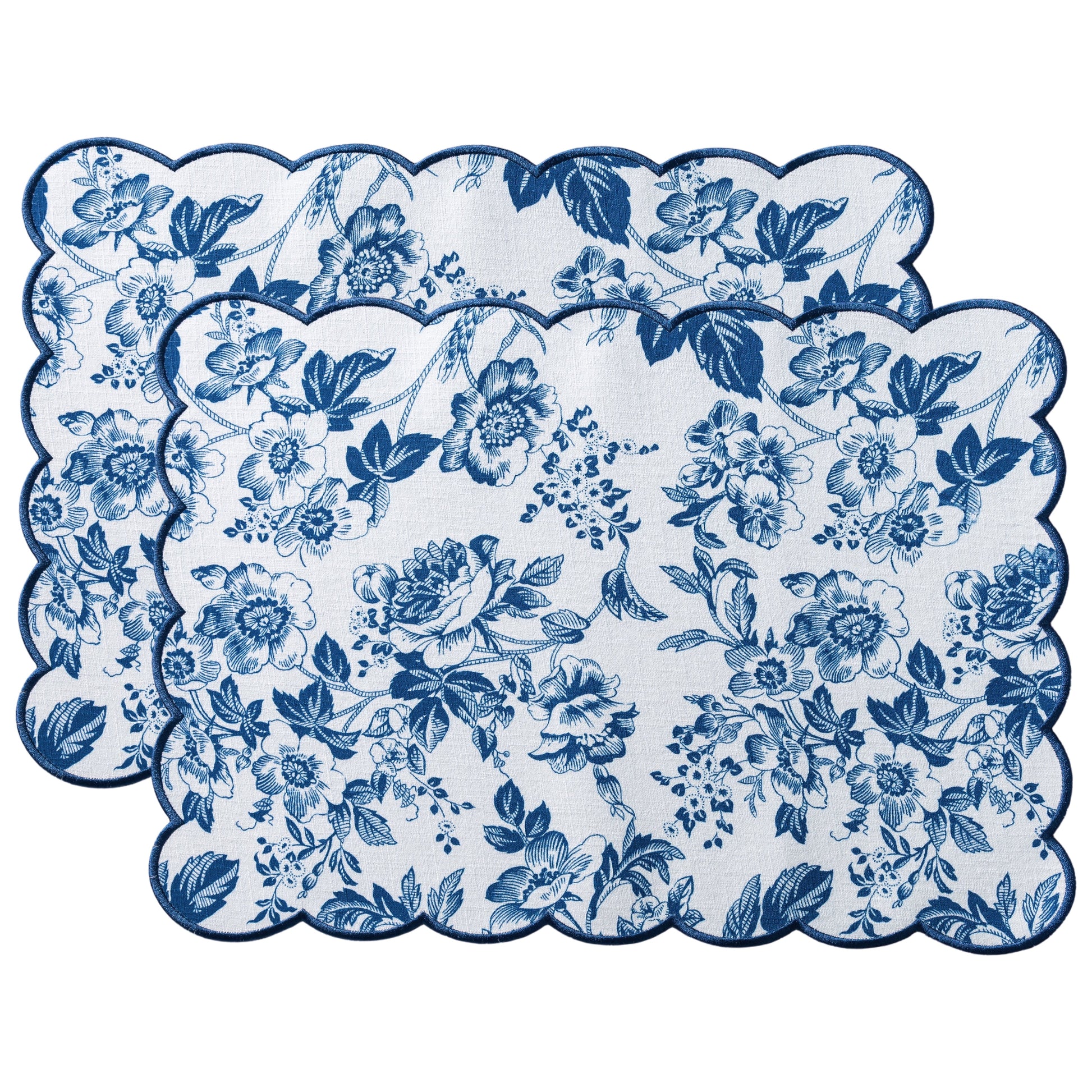 2 pcs/set French Toile Scalloped Edge Placemats Blue bundle
