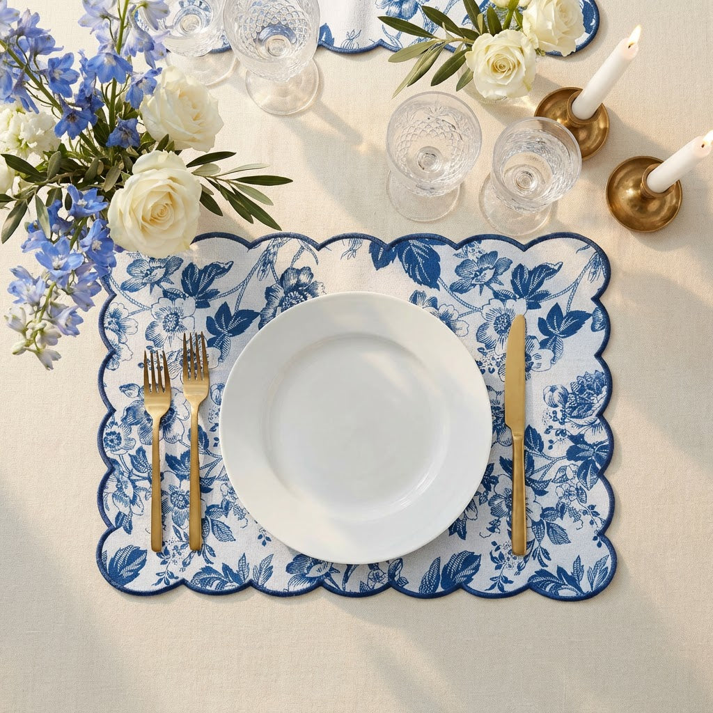 Two blue French Toile placemats with scalloped edges under a white plate and gold flatware, on a beige table with flowers.