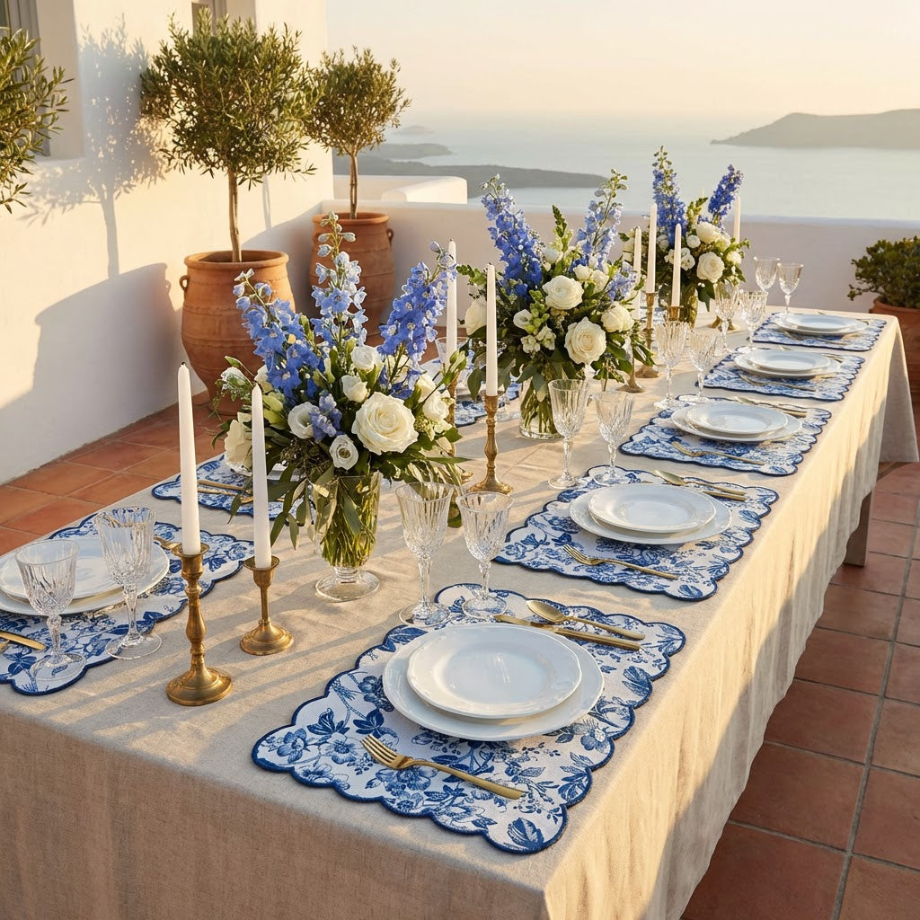 Blue French toile scalloped-edge placemats (set of two) on an outdoor table with white plates, candlesticks, and florals.