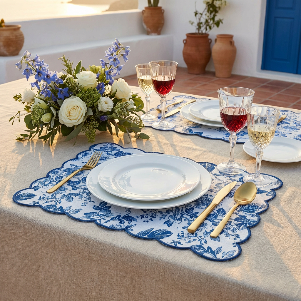Blue French toile scalloped-edge placemats set on a beige tablecloth with white plates, gold flatware, and floral centerpiece