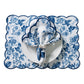 2 pcs/pk French Toile Scalloped Edge Placemats Blue with a white dinner plate and French Toile Scalloped Edge Blue napkin
