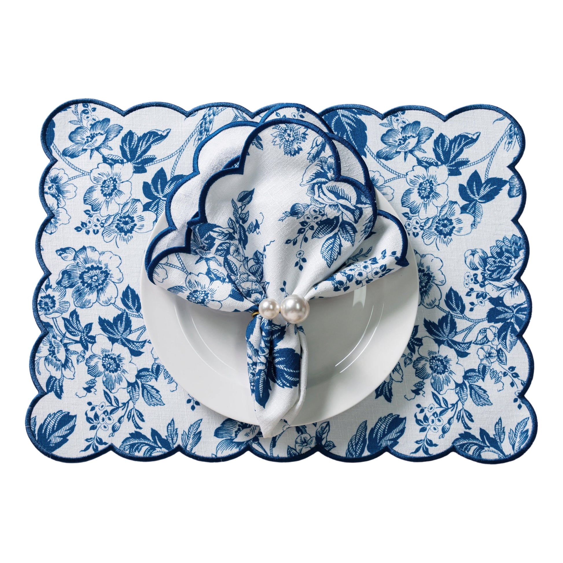 2 pcs/pk French Toile Scalloped Edge Placemats Blue with a white dinner plate and French Toile Scalloped Edge Blue napkin

