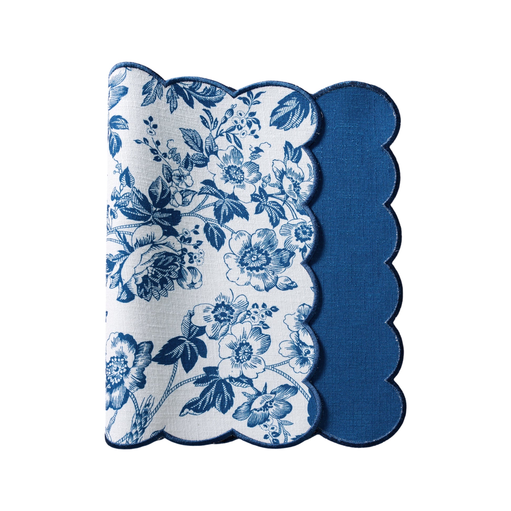 2 pcs/pk French Toile Scalloped Edge Placemats Blue showing top and underside
