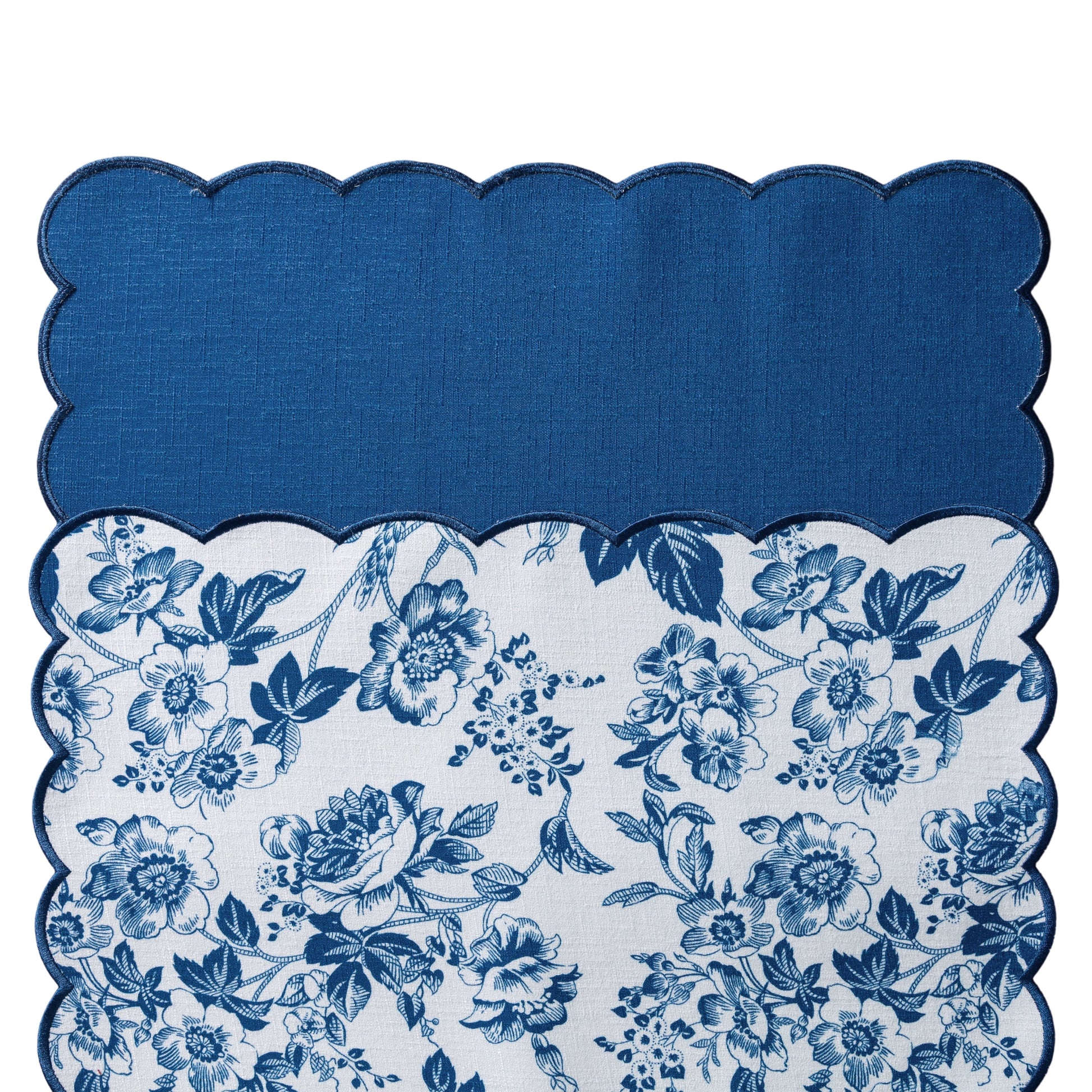 2 pcs/pk French Toile Scalloped Edge Placemats Blue showing top and underside
