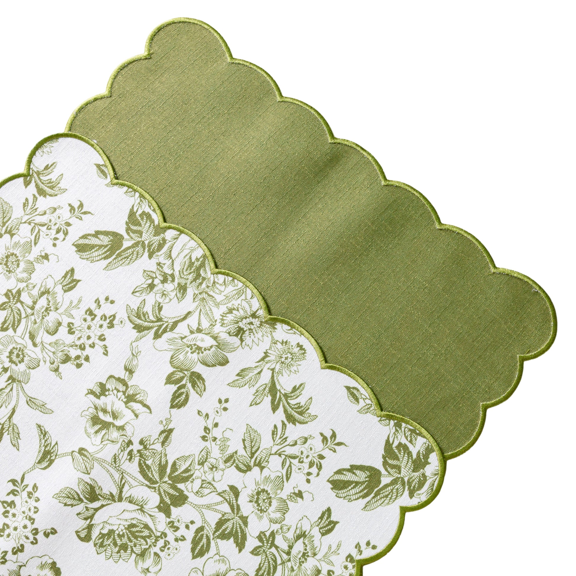2 pcs/set French Toile Scalloped  Edge Placemats Olive Green showing op and underside of placemat