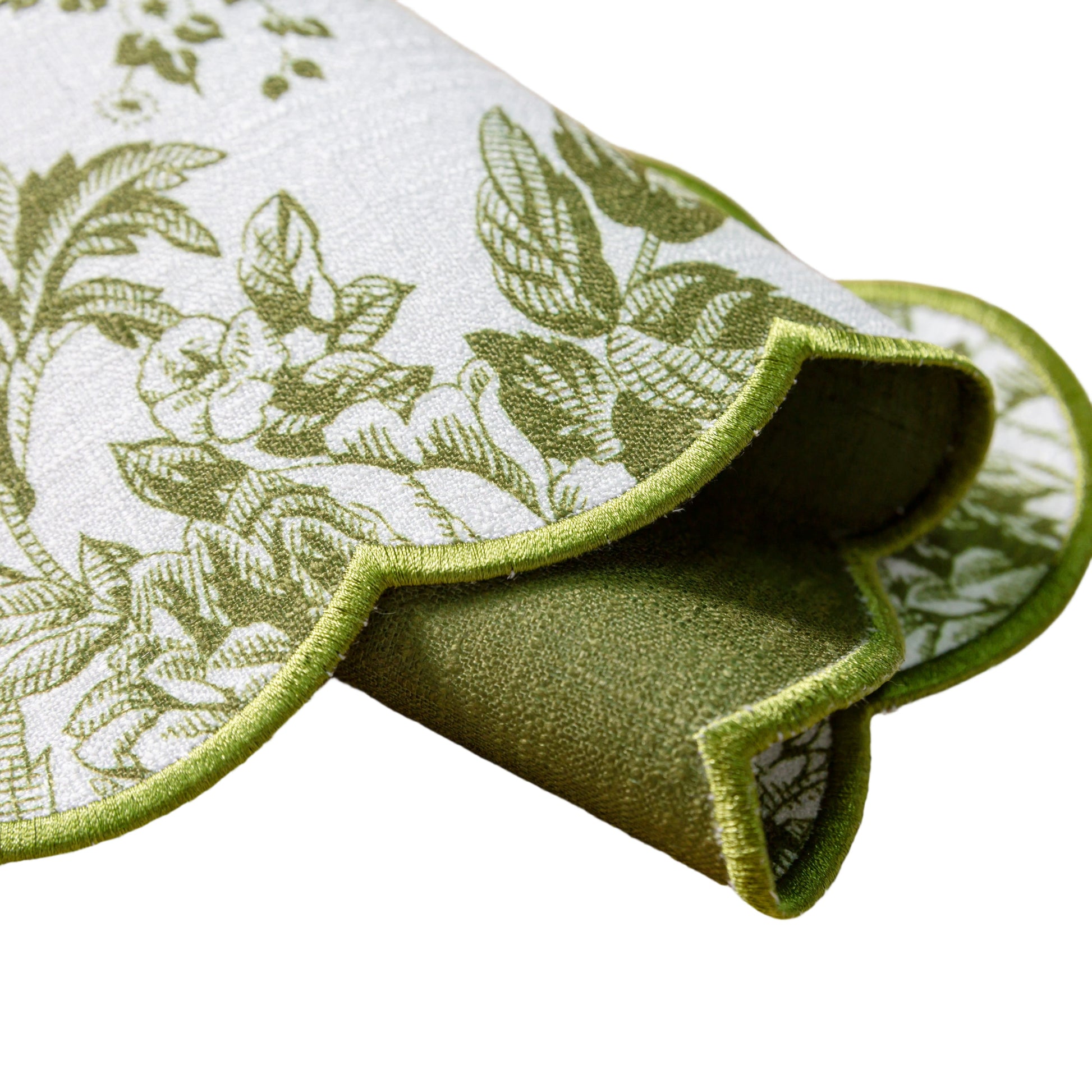 2 pcs/set French Toile Scalloped Edge Placemats Olive Green bunched