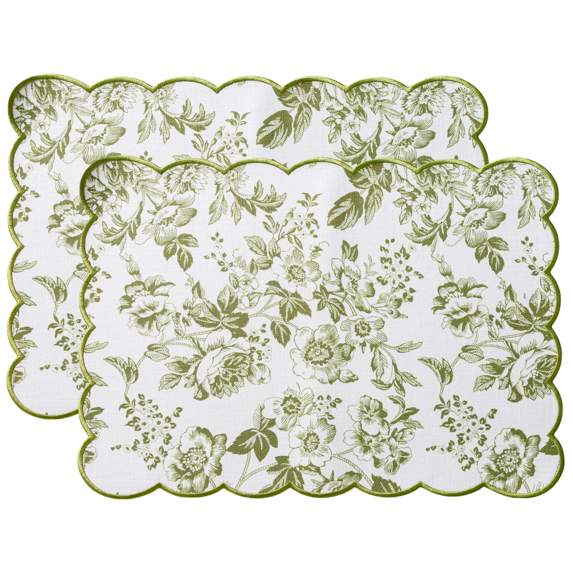 2 pcs/set French Toile Scalloped Edge Placemats Olive Green bundle