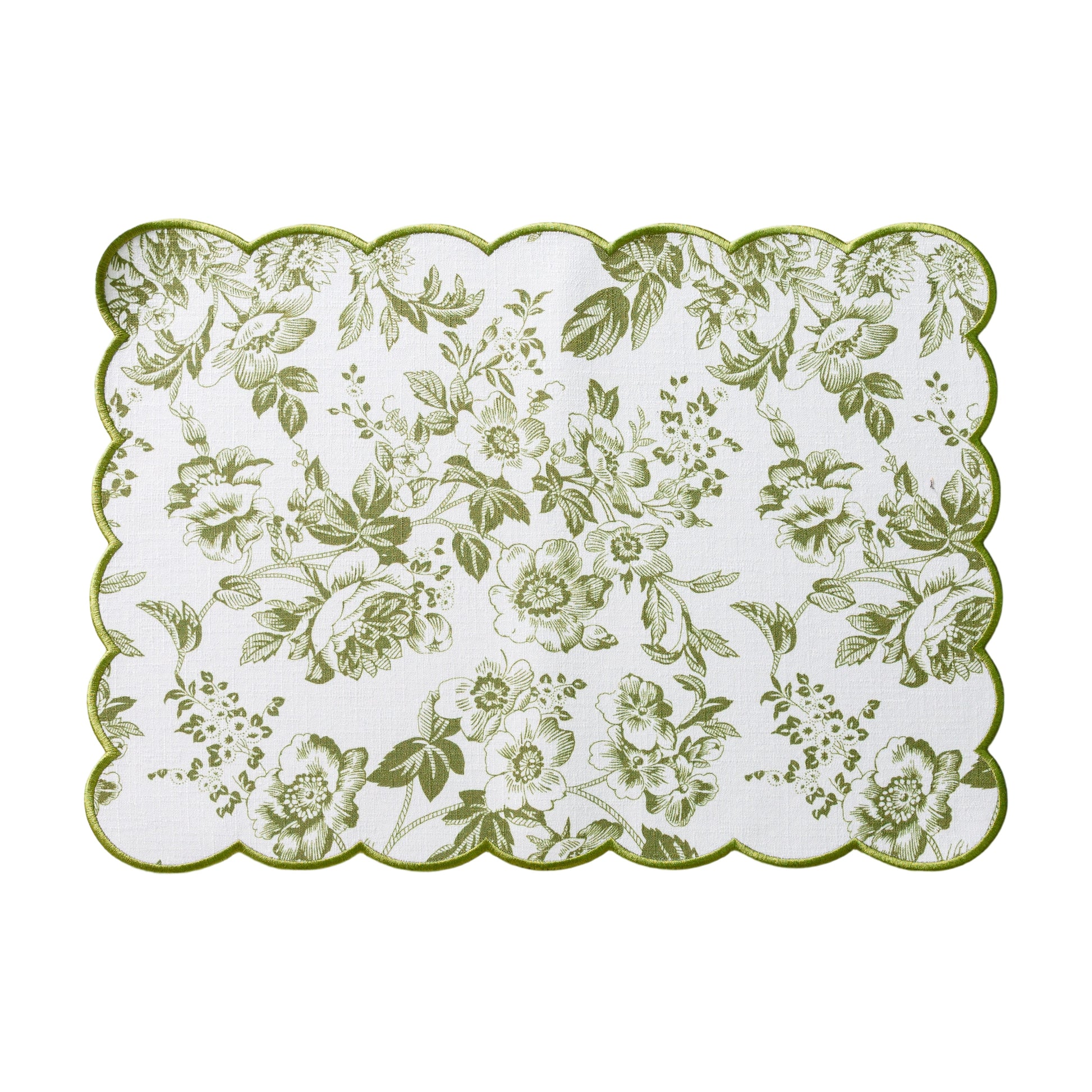 2 pcs/set French Toile Scalloped Edge Placemats Olive Green layed flat