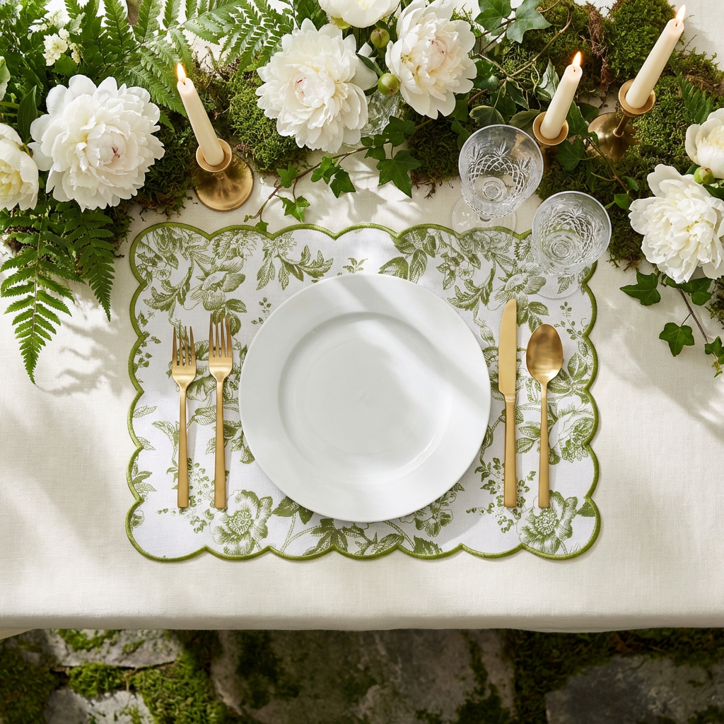 French Toile scalloped-edge placemats in olive green under a white plate with gold cutlery and a floral centerpiece.