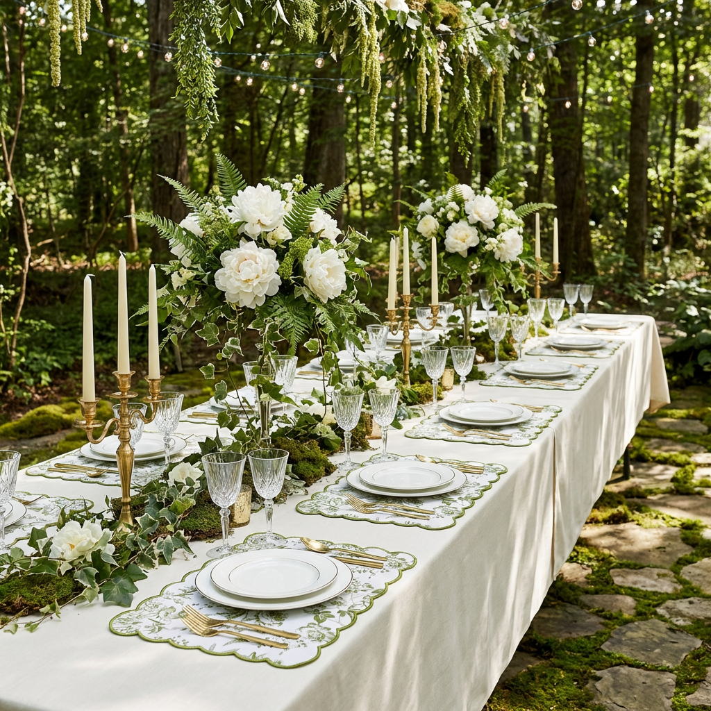 Two olive-green French Toile scalloped-edge placemats on a white table with gold cutlery and floral centerpiece.