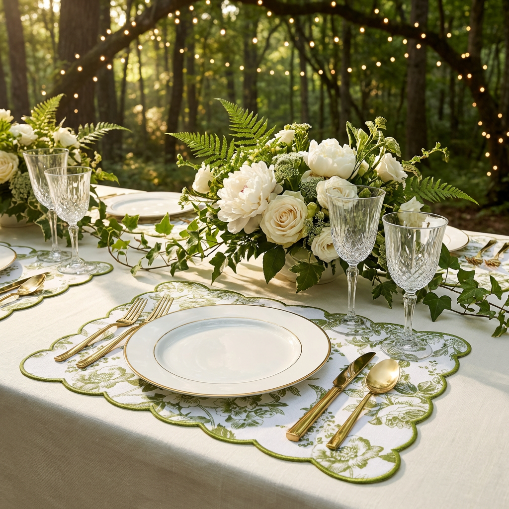 Olive green French Toile scalloped-edge placemats on a garden table with white plates and crystal glasses.