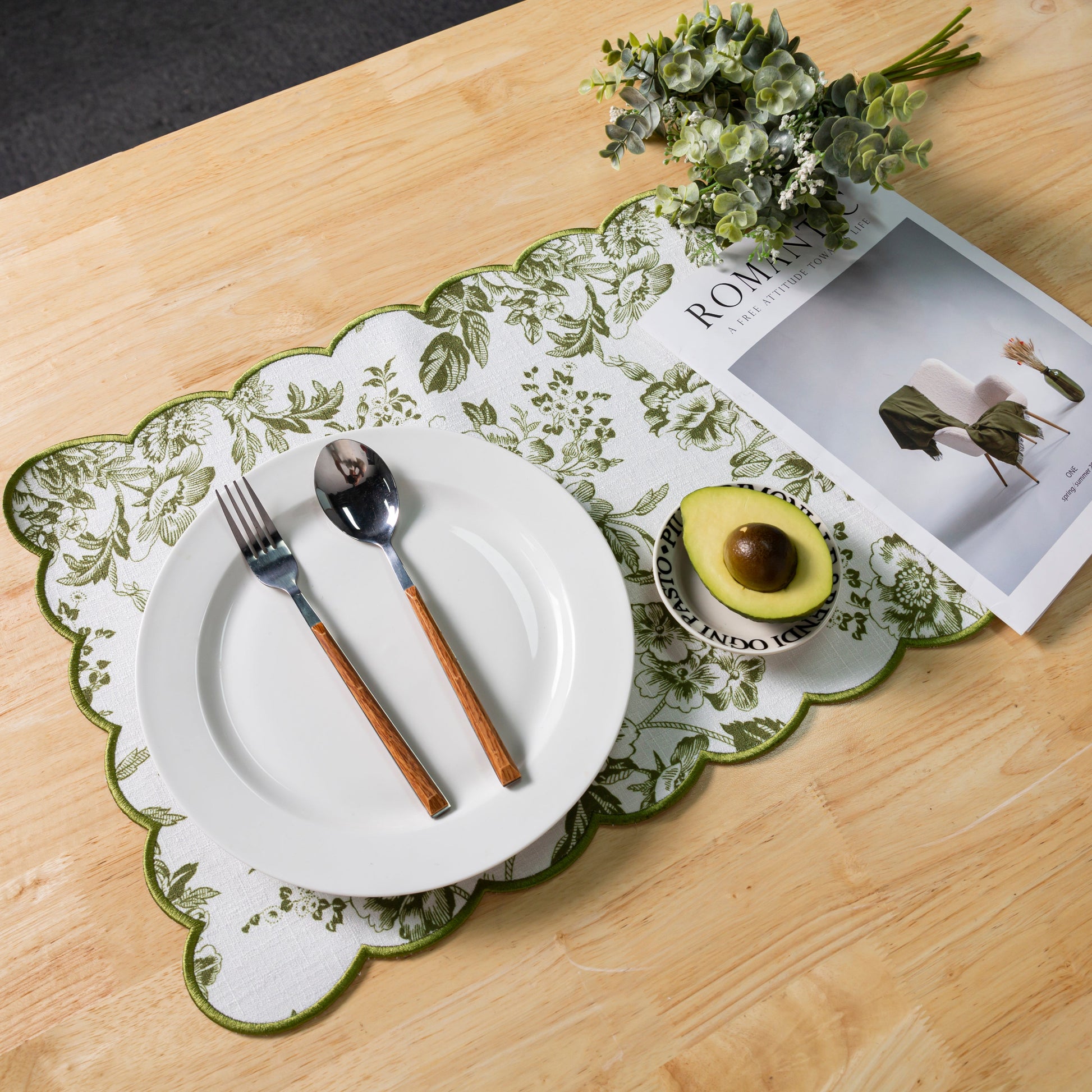2 pcs/set French Toile Scalloped Edge Placemats Olive Green mock up