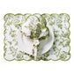 2 pcs/set French Toile Scalloped Edge Placemats Olive Green paired with a white dinner plate and french toile scalloped edge olive green napkin