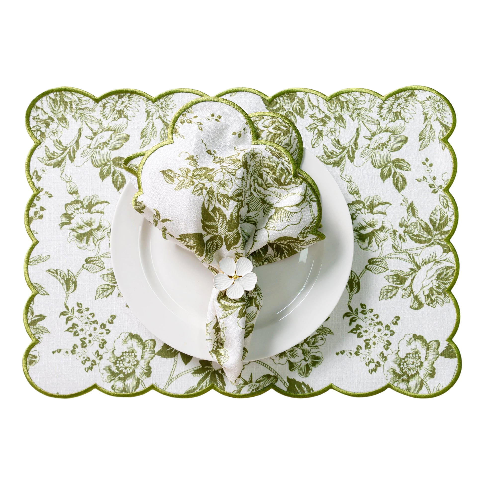 2 pcs/set French Toile Scalloped Edge Placemats Olive Green paired with a white dinner plate and french toile scalloped edge olive green napkin