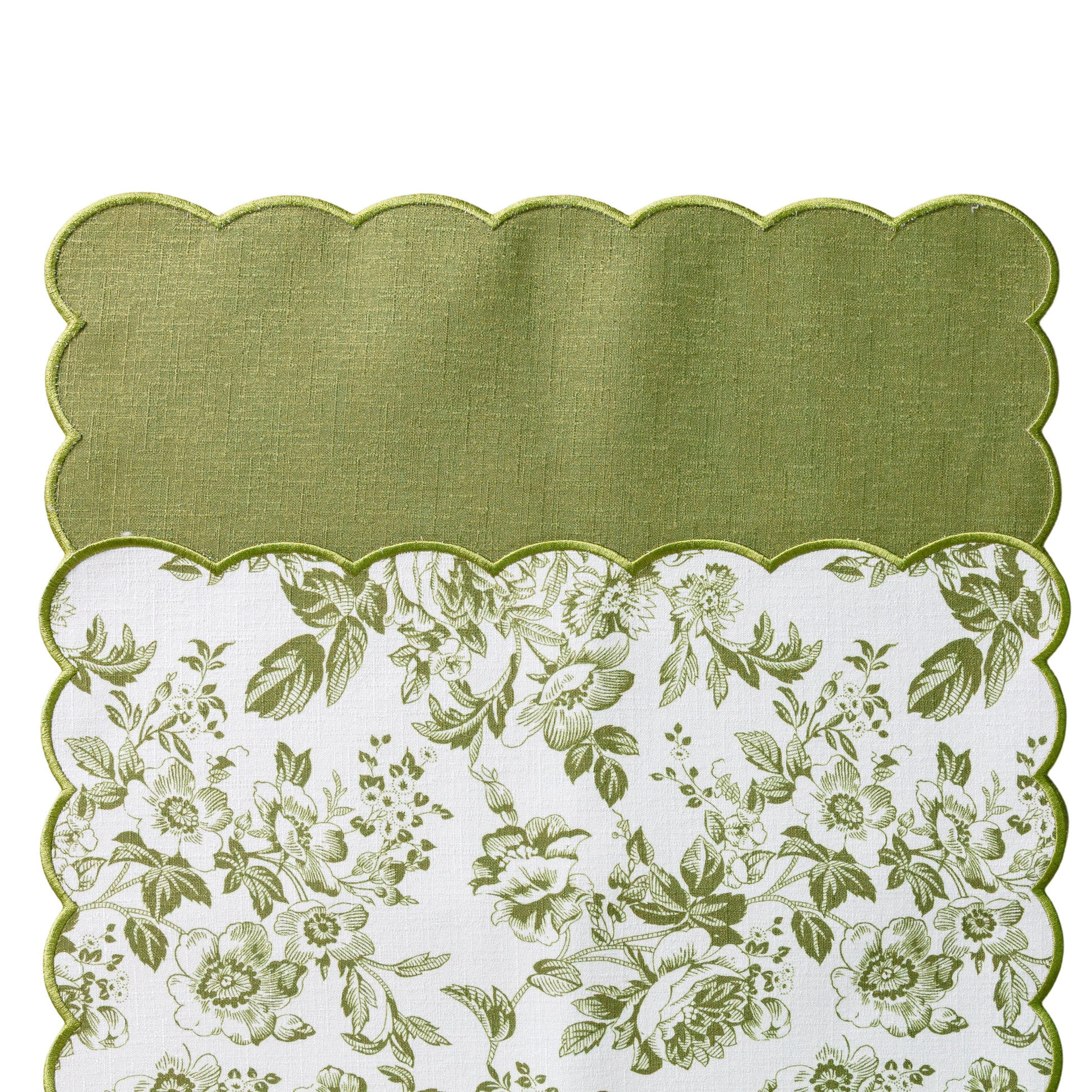 2 pcs/set French Toile Scalloped Edge Placemats Olive Green showing top and underside