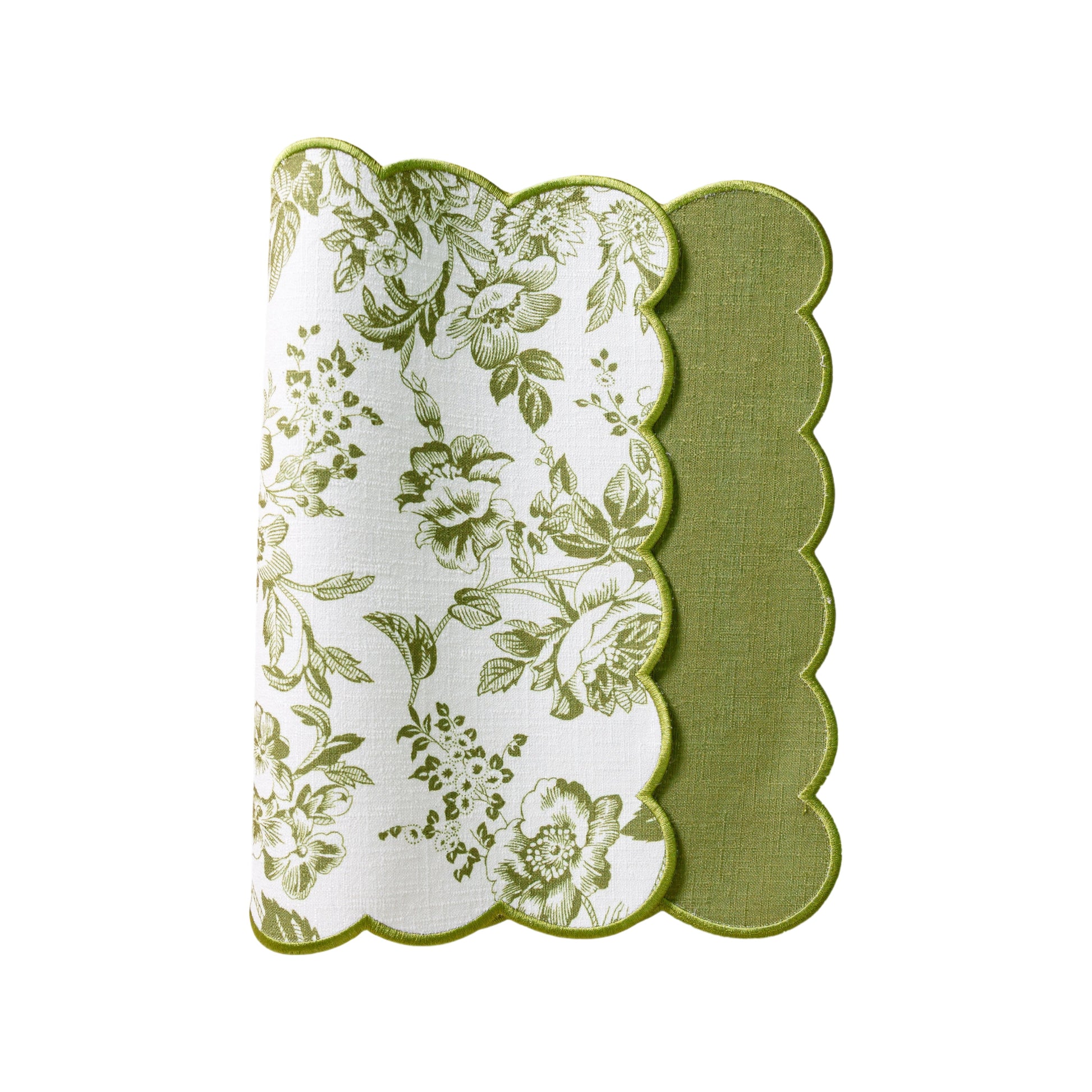 2 pcs/set French Toile Scalloped Edge Placemats Olive Green underside