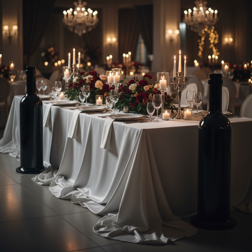 2pcs/pk Giant 39" Tall Wine Bottle Prop Floor Display/Centerpiece Black next to a bridal table 
