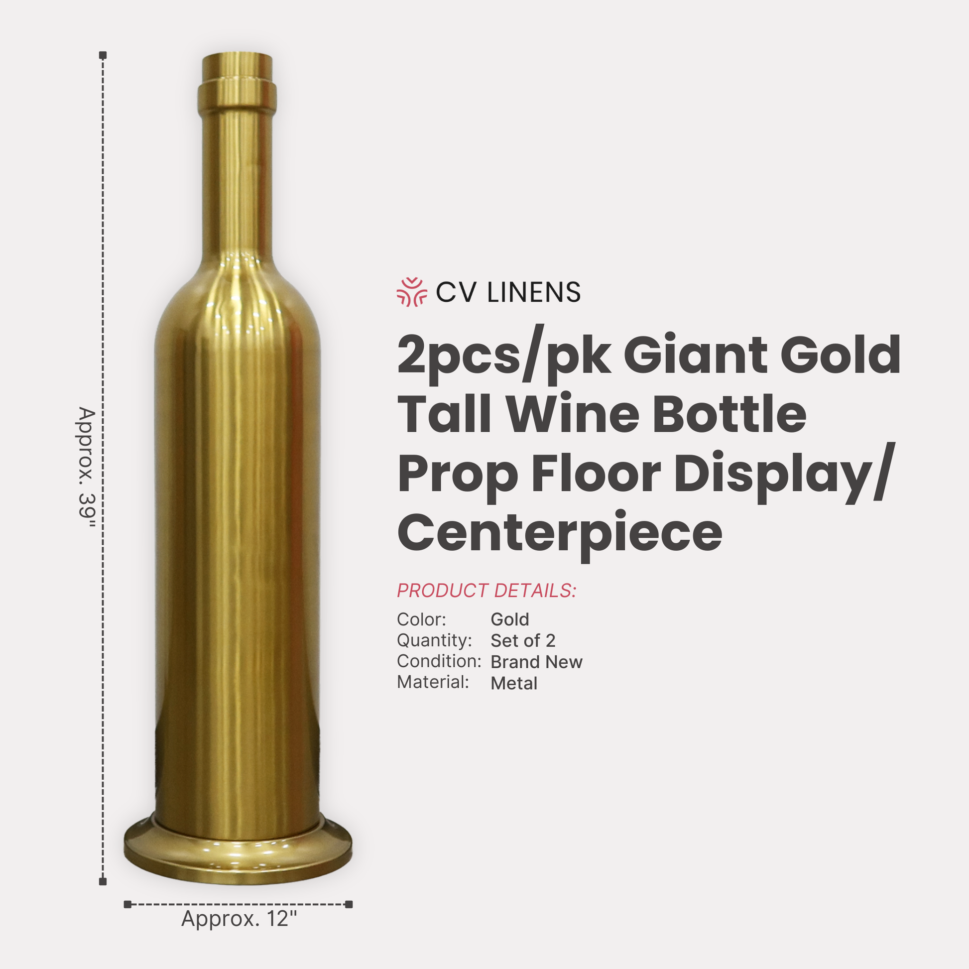 infographic showing the Giant 39" Tall Wine Bottle Prop Floor Display/Centerpiece Gold dimensions