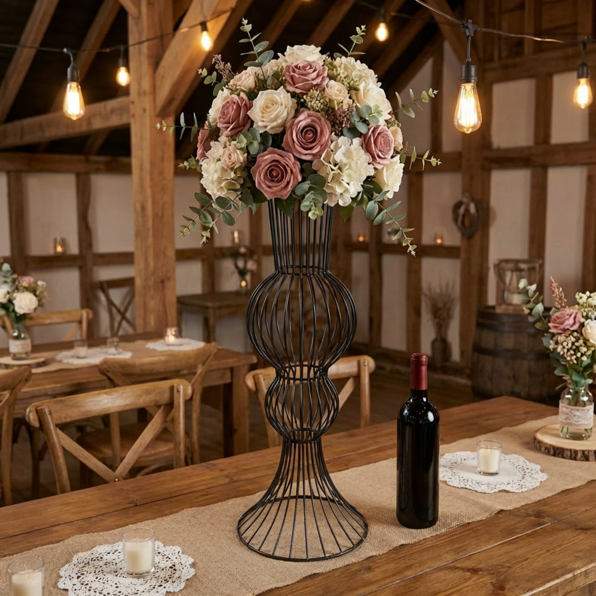 2pcs/set Metal Wire Floral Stand Centerpiece Black rustic table setting with burlap table runner and faux florals