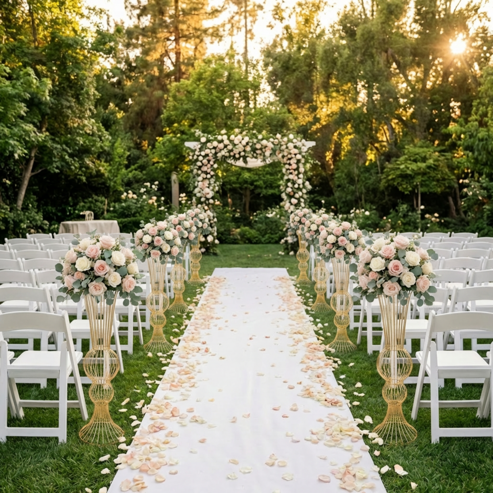 2pcs/set Metal Wire Floral Stand Centerpiece Gold along the wedding aisle with mixed roses florals on the top