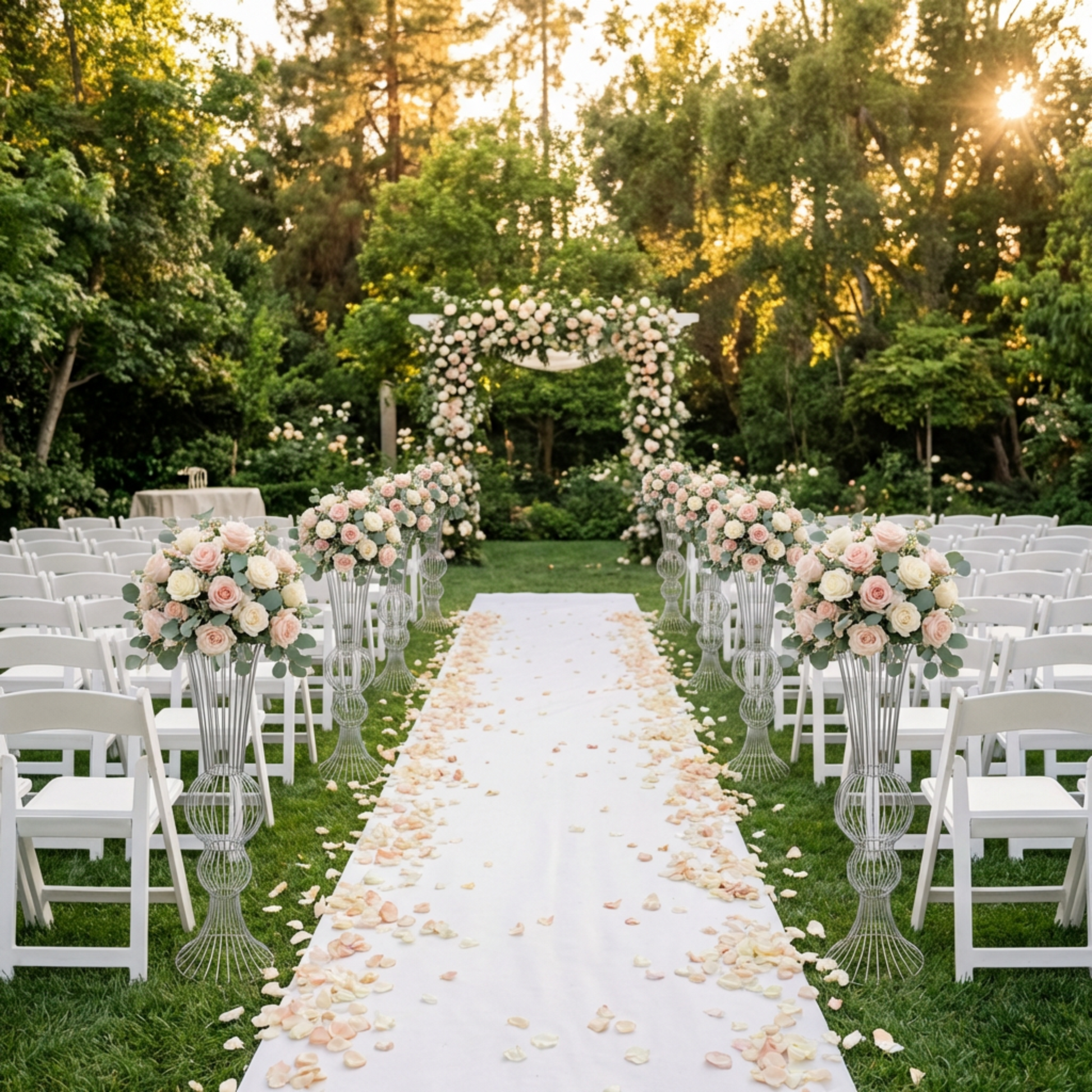 2pcs/set Metal Wire Floral Stand Centerpiece Silver along the wedding aisle with mixed roses florals on the top